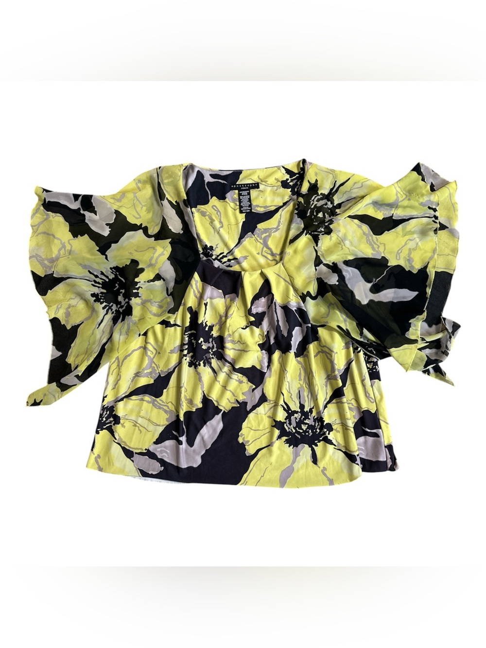 Apostrophe Yellow & Black Floral Flutter-Sleeve Top with Built in Bra. 18W-20W
